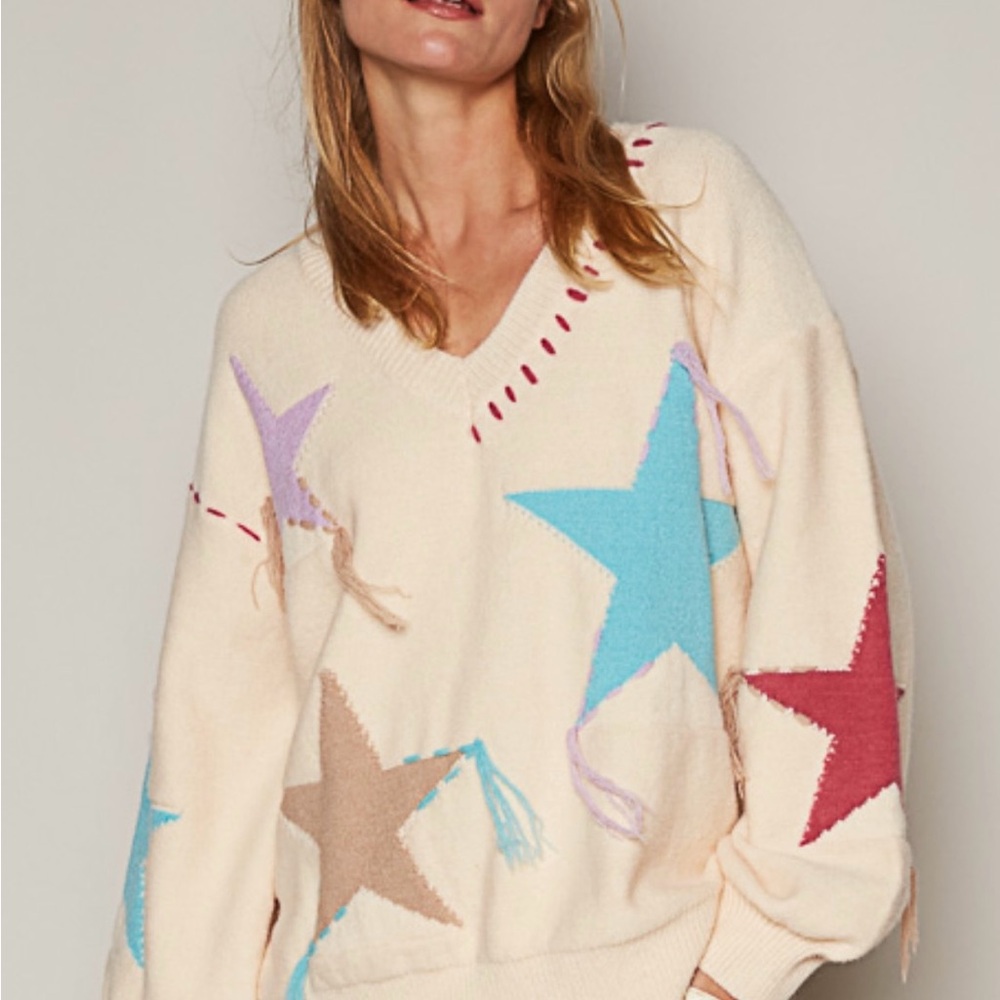 BP27🩵NEW!POL pretty cream v-neck sweater w/amazing star motif+boho dreamy style - Picture 11 of 12